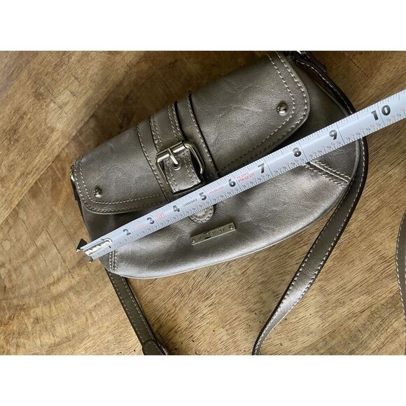 Nine West Metallic Silver Mini Crossbody Purse Buckle Flap Adjustable Strap - Picture 3 of 7